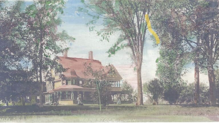 Hand painted image of the inn with it's red roof and white paint